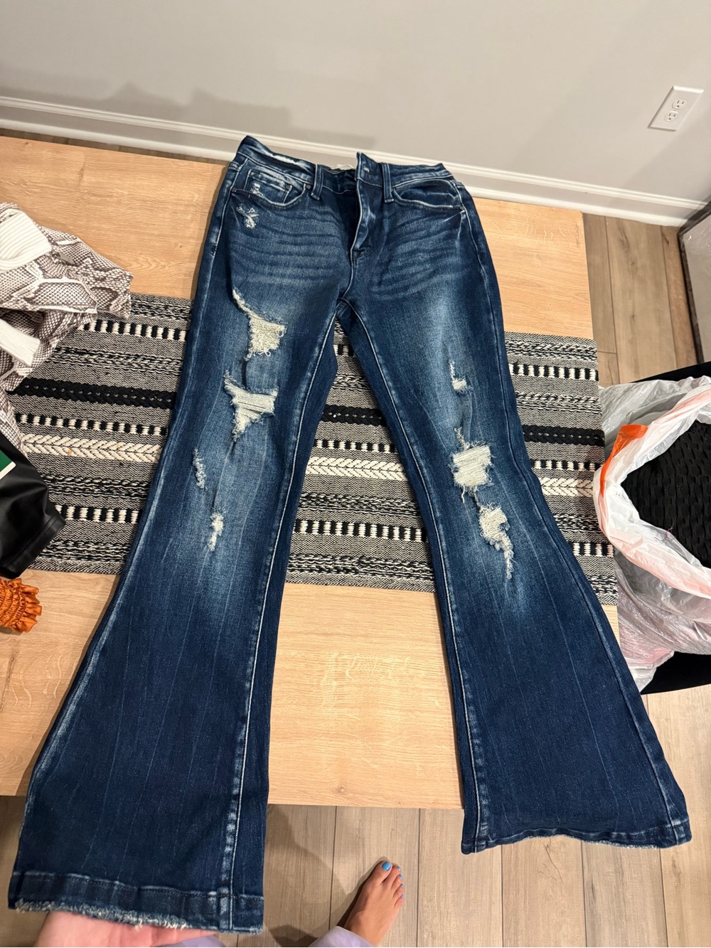Women's Dark Blue Distressed Wide Leg Flare Jeans